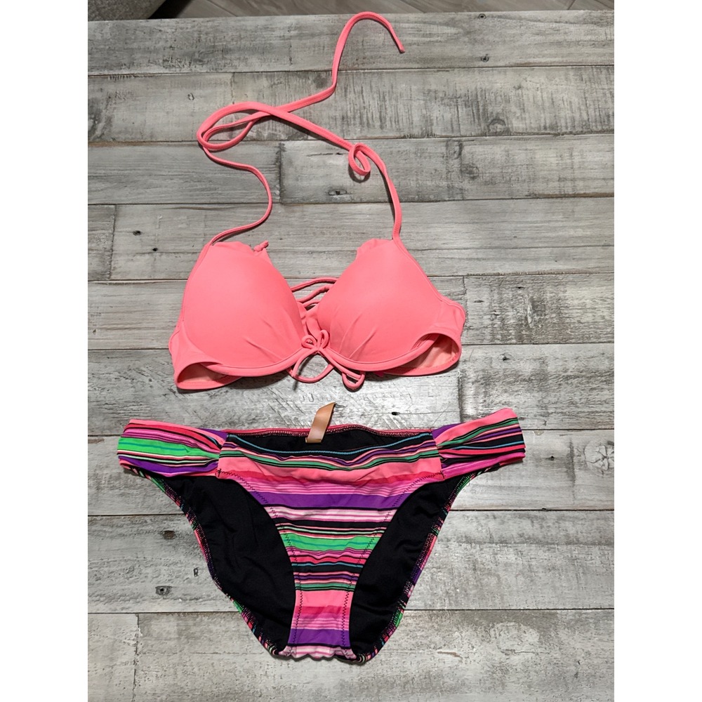 Victoria's Secret Neon Pink Push Up 34A Halter Bikini Set Striped Bottoms small